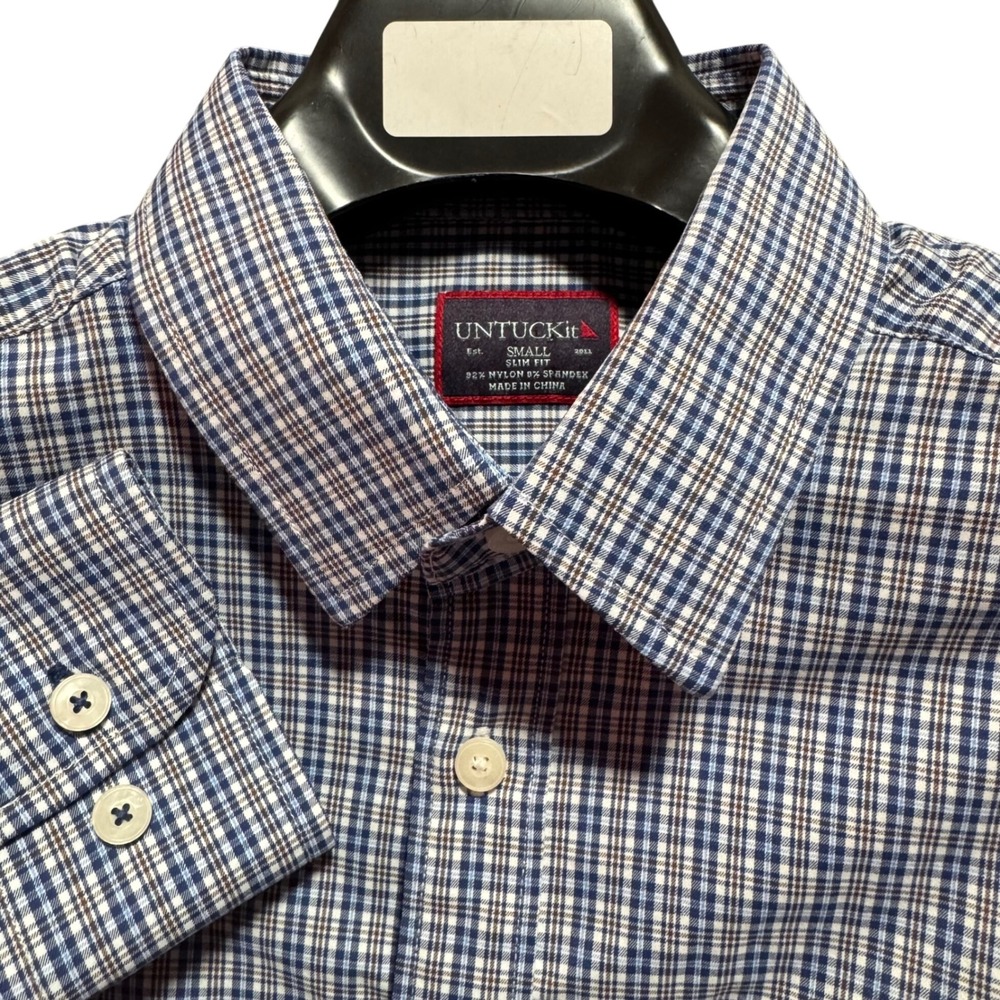 UNTUCKit Varick Plaid Slim Fit Button Down Shirt Mens Small Blue Nylon Spandex